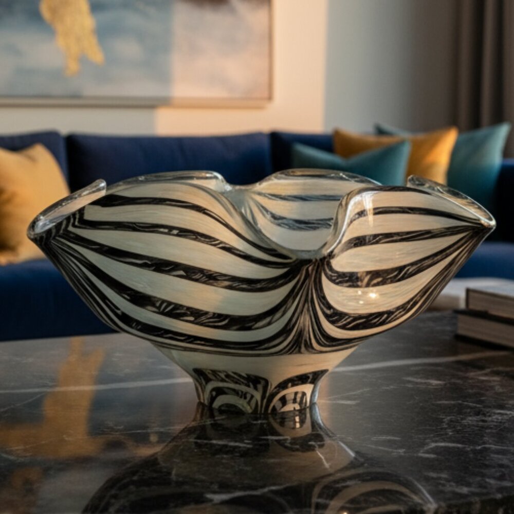 RARE VTG Glass Art Bowl Ruffled Edge Brown & Ivory Striped Kaleidoscopic Design